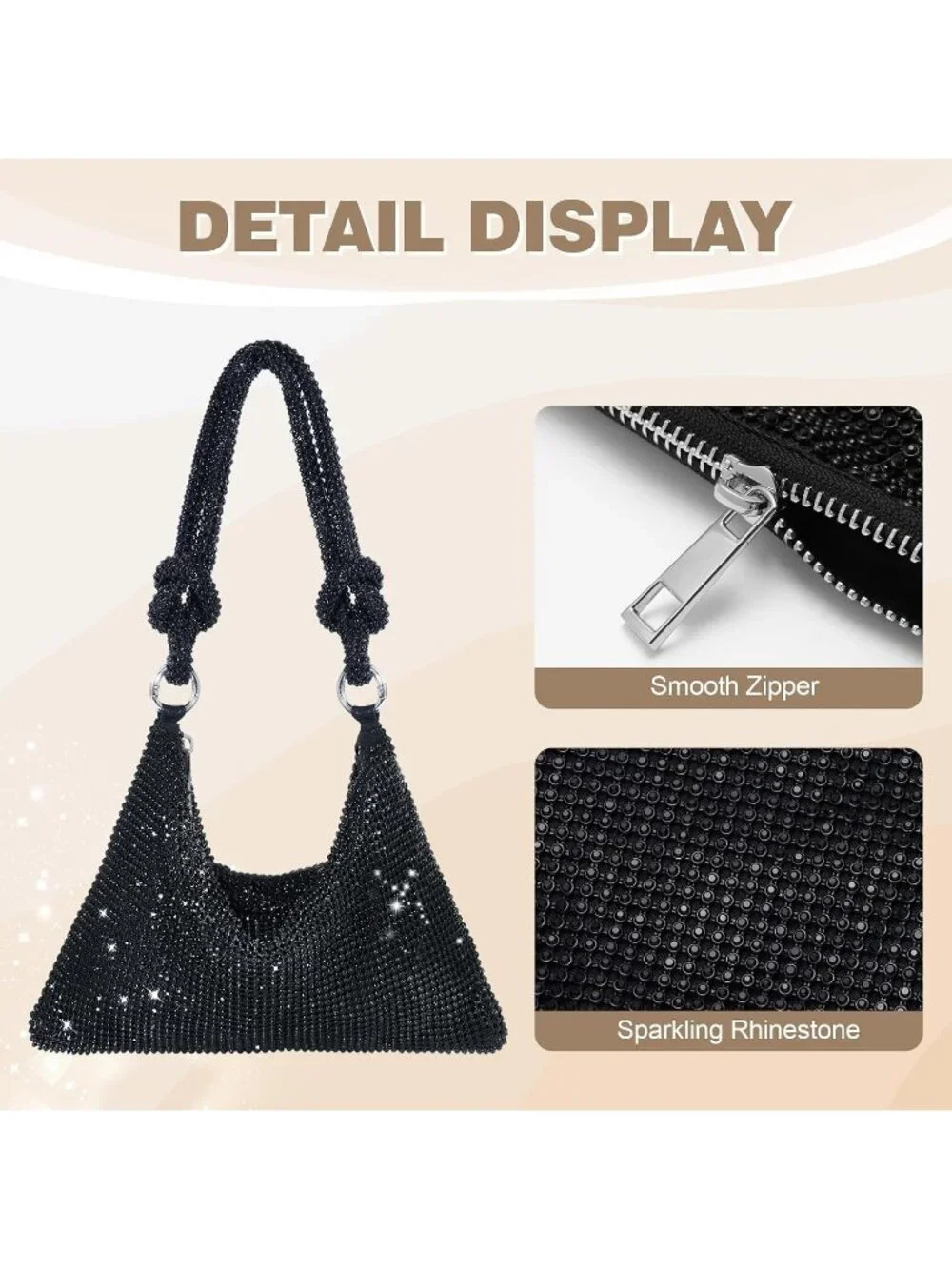 Womens Black Rhinestone Evening Sparkly Crystal Slouchy Shoulder Clutch Purse